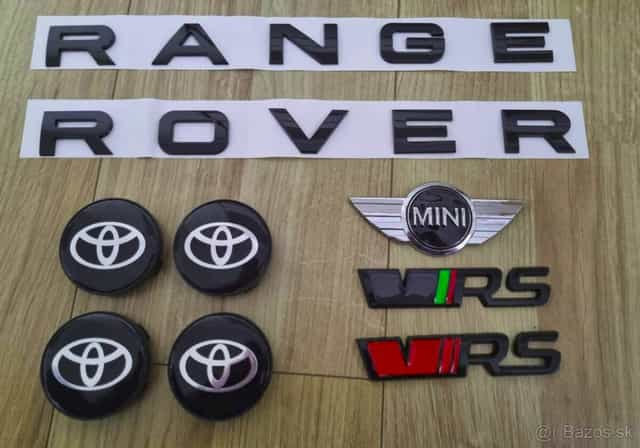 Napis RANGE ROVER, SKODA VRS MINI COOPER
