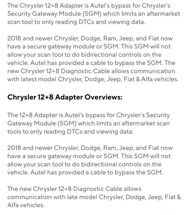 Cablu adaptor Gateway FCA/SGW 12+8 pini pentru JEEP/Fiat/Chrysler
