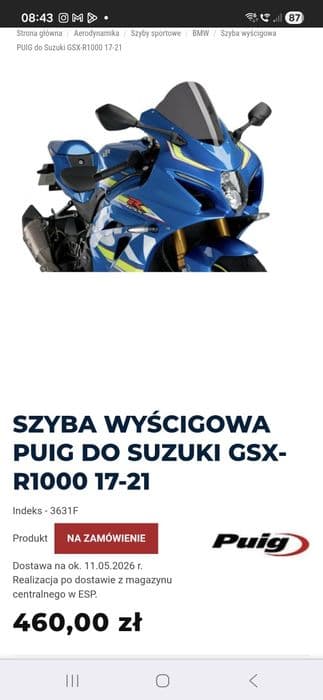 Szyba wyscigowa PUIG Suzuki GSXR-1000 L7+ 2017-