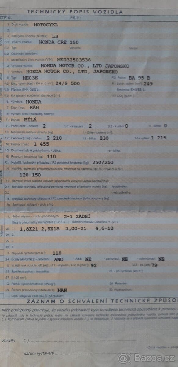 Honda cre 250 s homologací