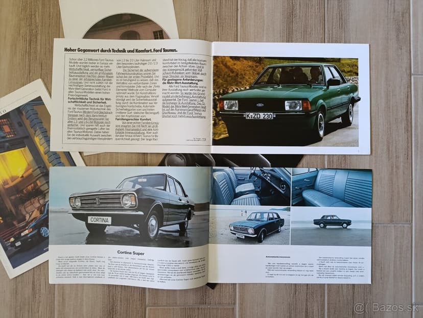 Prospekty Ford Escort Cortina Taunus a další 60.-90. léta.