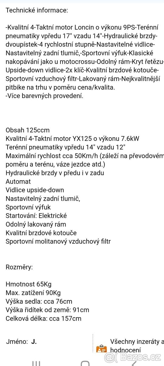 Pitbike 125 ccm, 4T, Automat 15mh