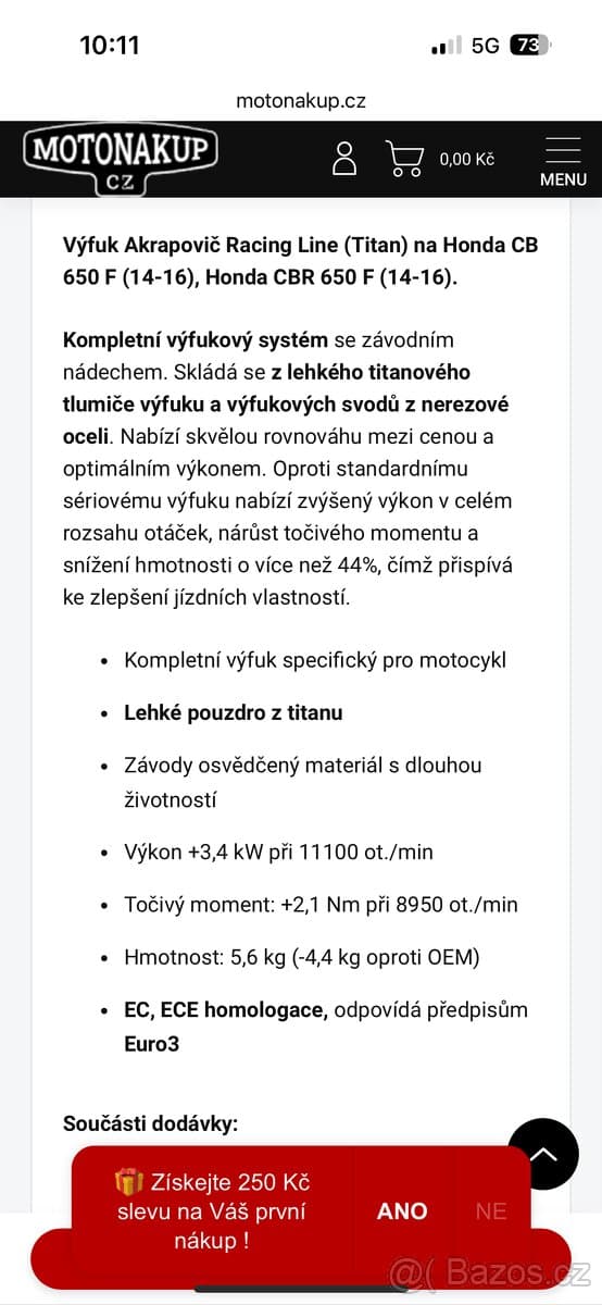 Prodám výfuk Akrapovič na honda cb650 2014/2022